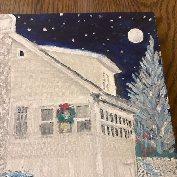 Original Signed Christmas Architecture Painting Snowy Starry Winter Sky - Picture 10 of 10